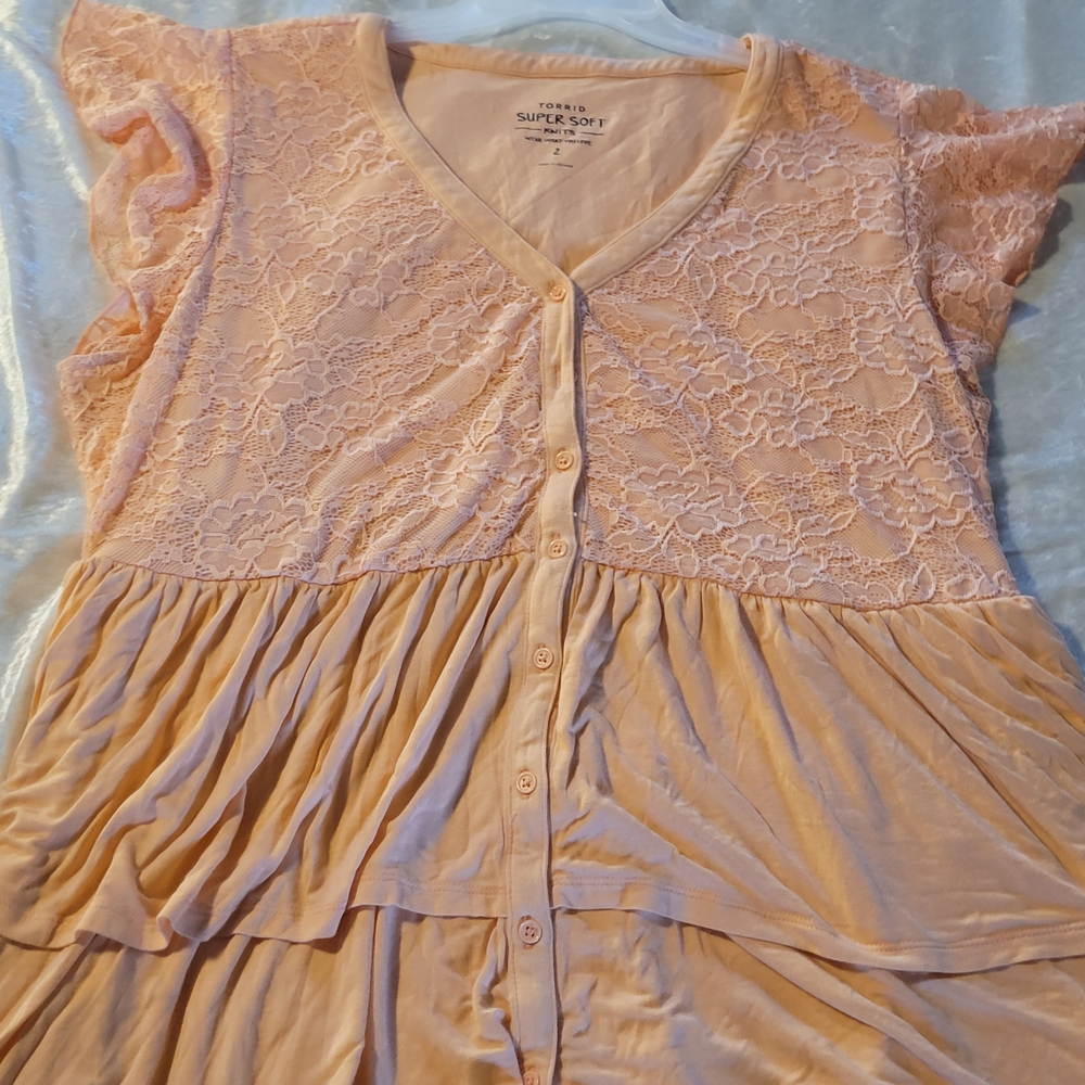 Torrid Light Coral Lace Button-Up Blouse